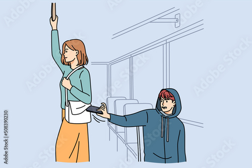 Male pickpocket stealing wallet from female passenger in bus or metro. Man thief take phone or money from woman bag in tram. Burglary and theft concept. Vector illustration. 