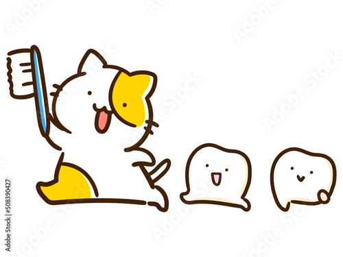 健康な歯を引き連れて左に歩く歯ブラシねこのかわいいデフォルメイラスト