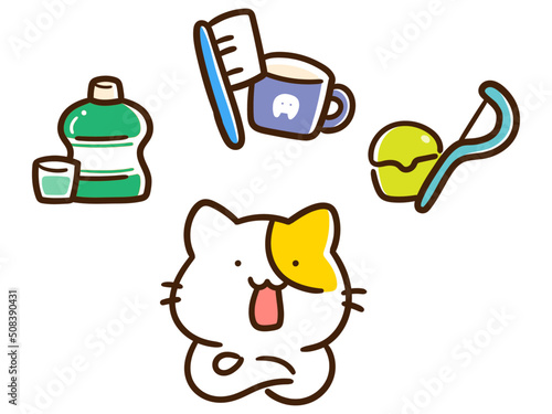 デンタルケアグッズについて考えるかわいいねこの手書き風イラスト