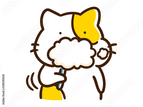 歯磨きで泡だらけになるかわいいねこのデフォルメイラスト