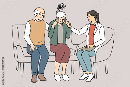 Female doctor helping elderly woman suffering from memory loss. Therapist talk with mature grandmother struggling with Alzheimer disease or dementia. Vector illustration. 