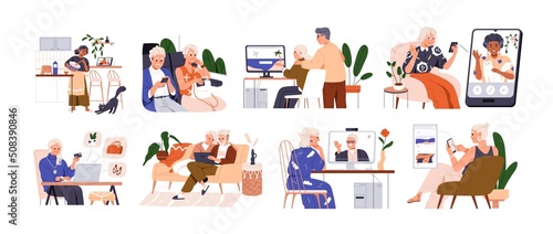 Modern old people using internet, mobile phones, computers. Senior men, women, couple with smartphone, laptops. Elderly generation online. Flat graphic vector illustration isolated on white background