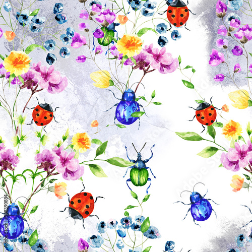 Hand drawn watercolor seamless pattern of bright colorful realistic butterflies,bug and flowers .Mixed media art. © gala