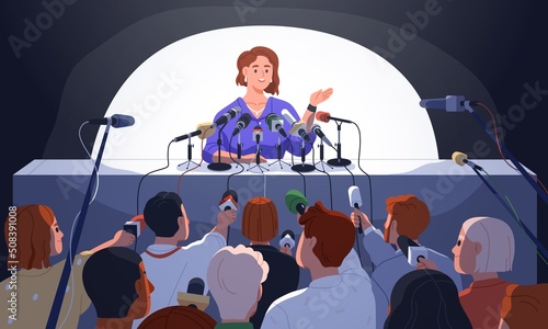Speaker at table at press conference. Official meeting, interview, communication with journalists, mass media. Person giving comments, speaking to reporters with microphones. Flat vector illustration