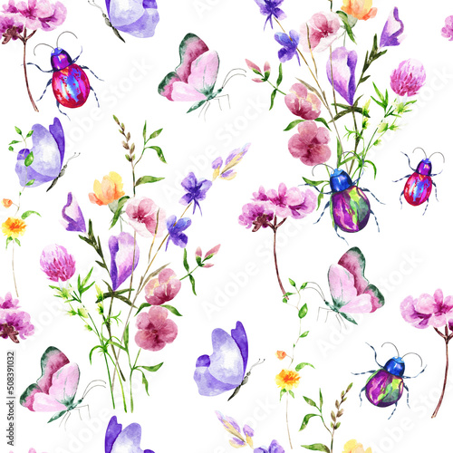 Hand drawn watercolor seamless pattern of bright colorful realistic butterflies bug and flowers .Mixed media art.