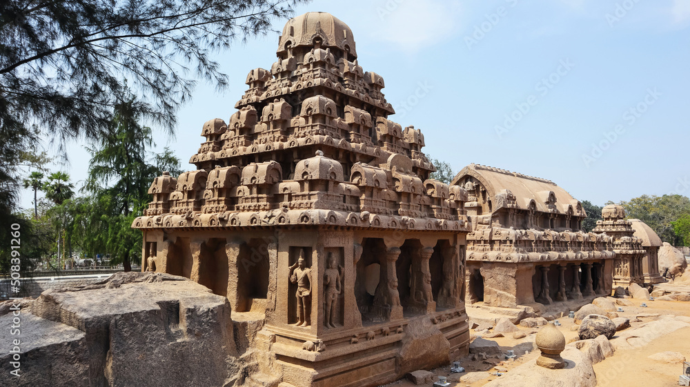 View of Yudhisthras Chariot and Bhima Chariot, Five Rathas, Mahabalipuram, Tamilnadu, India