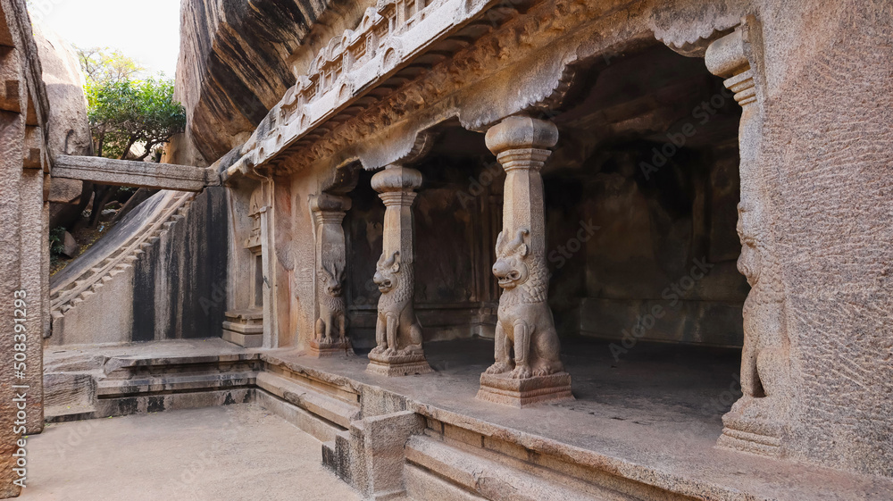 Varaha Cave with Lions on four pilasters, Mahabalipuram, Tamilnadu, India