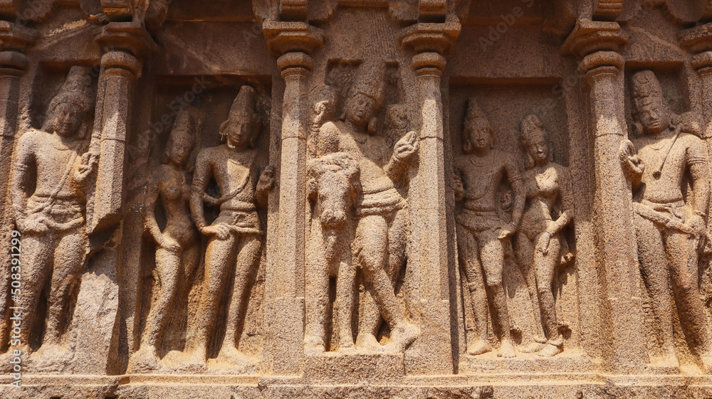 Sculptures of Hindu God and Goddess on Arjuna Chariot, Five Rathas, Mahabalipuram, Tamilnadu, India