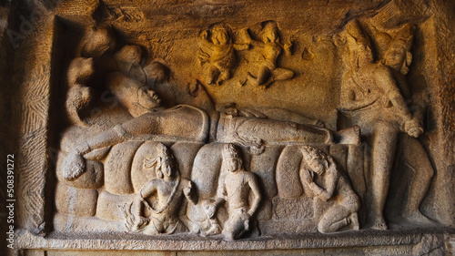 Εκτύπωση καμβά Vishnu in a reclining pose lying on a serpent Ananta in Mahishasuramardini cave
