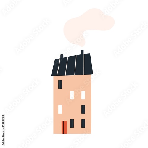 Cute Scandinavian house with roof chimney and smoke. Cozy sweet home of old t...
