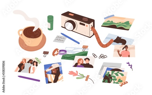 Photo camera, memory photographs, coffee cup composition. Film photography and scrapbooking hobby. Cam, lifestyle moments shots, flowers, tapes. Flat vector illustration isolated on white background