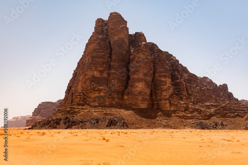 Wadi Rum, Jordan - June 7 2019: Superb mountain in the Wadi Rum desert