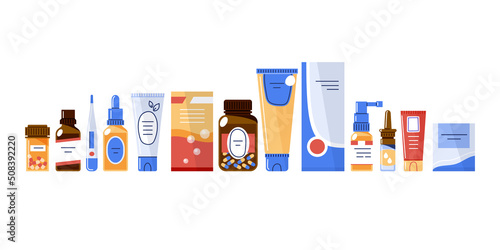 Medicines in package,spray and bottle with dropper.Vector flat illustration