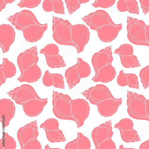Pink flat silhouette sea shells seamless pattern for fabric, textile, apparel, cloth, interior, stationery, package. Modern handmade aquatic endless texture. Tropical ocean shells editable design.