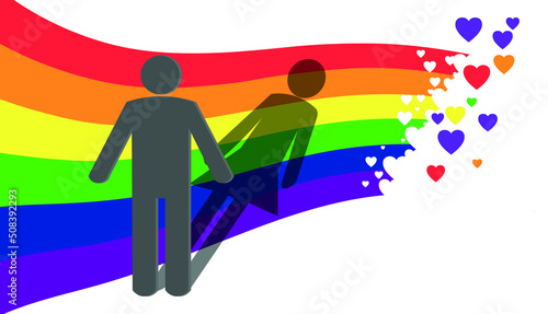Gay, bisexual and transgender sign (LGBT) sign. mirrored shadow. A homosexual man with a shadow as a woman. 3D illustration. Wave rainbow LGBT spectrum flag with hearts background.
