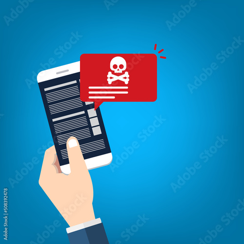 Malware , virus attack warning alert online on mobile cell phone, internet security threat.	