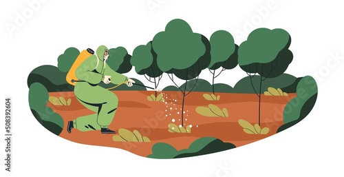 Worker in equipment spraying plants, soil with fertilizer, treating garden with chemicals. Tree treatment with pesticide, insecticide. Flat graphic vector illustration isolated on white background