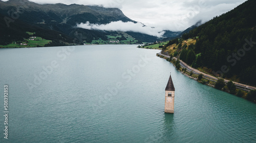 Vista del campanile sommerso del lago di Resia, Val Venosta photo