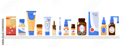Different medicine products in the pharmacy store on the shelves.Flat vector