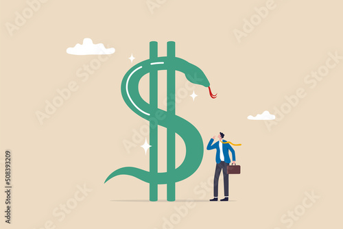 Financial risk, gambling money or investment risk, danger money game, opportunity to make profit and lose money concept, businessman investor looking at giant snake dollar sign and think wisely.