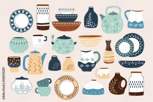 Ceramic cooking crockery. Decorative handmade kitchen utensils or tableware such as plates, cups, dishes. Cookware for food preparing, serving and decoration design hand drawn vector illustration.
