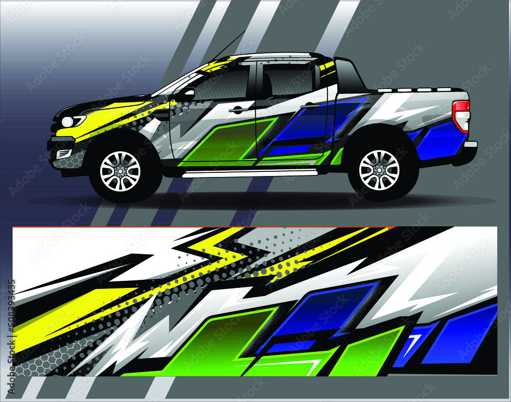 Car wrap design vector. Graphic abstract stripe racing background kit designs for wrap vehicle, race car, rally, adventure and livery