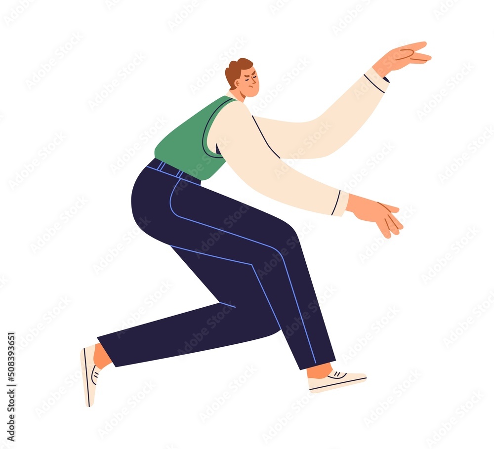 Crisis, failure and work problem concept. Exhausted employee falling. Tired office worker fail. Man in difficulty, trouble, bad situation. Flat vector illustration isolated on white background