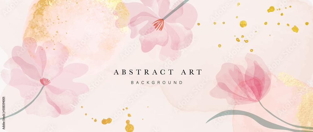Spring floral in watercolor vector background. Luxury wallpaper design with pink flowers, line art, golden texture. Elegant gold blossom flowers illustration suitable for fabric, prints, cover.