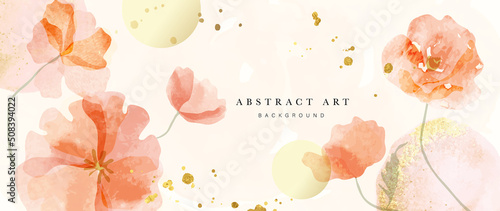 Spring floral in watercolor vector background. Luxury wallpaper design with orange flowers, line art, golden texture. Elegant gold blossom flowers illustration suitable for fabric, prints, cover.