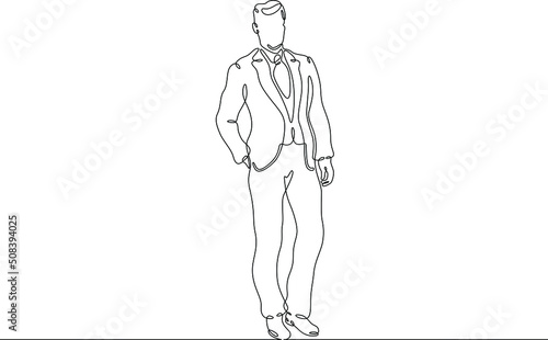 One continuous line.Man in a business suit. A beautifully dressed male character. Businessman in an expensive suit and tie.One continuous line is drawn on a white background.