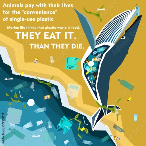 World oceans day, World Environment Day, Earth day, World Maritime Day concept vector illustration. Stop plastic pollution. Keep the oceans clean. Save the marine life. Stop creating trash mutants