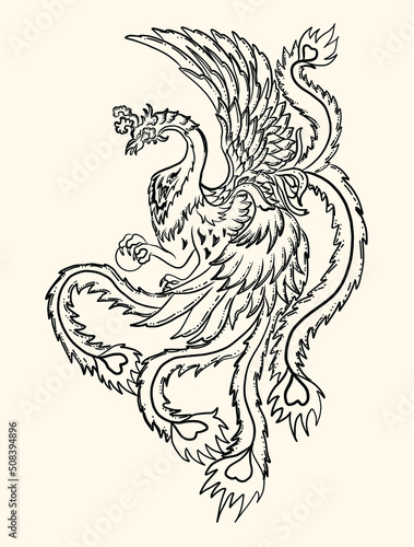 Beautiful line art of Phoenix for tattoo design on background.Phoenix vector for printing on shirt.Phoenix vector illustration for doodle art and coloring book on white isolated background.
