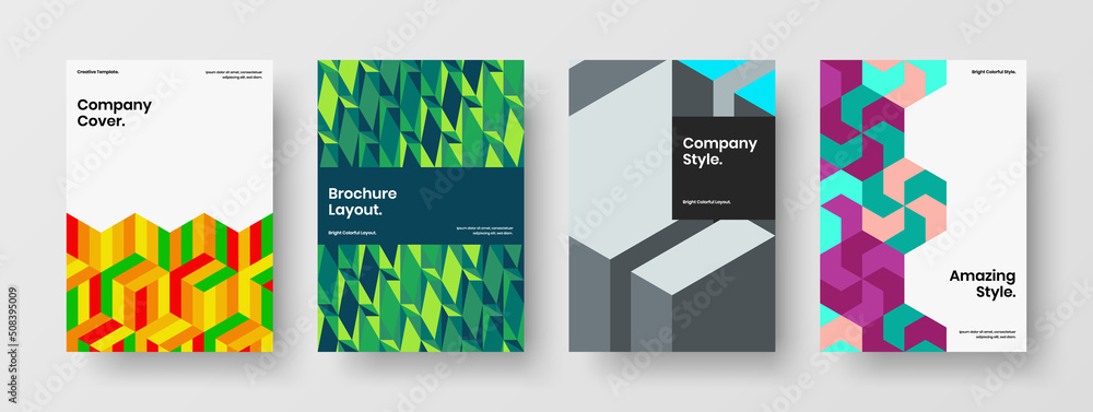 Premium geometric tiles corporate brochure template bundle. Unique poster design vector illustration composition.