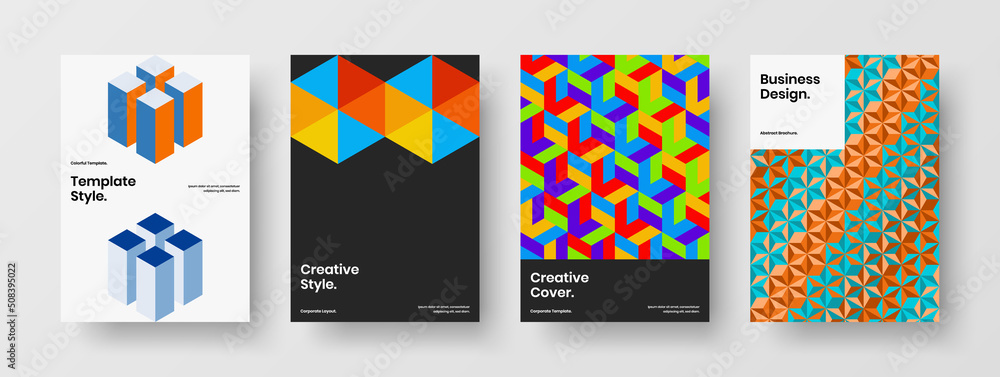 Bright flyer A4 vector design concept set. Modern geometric pattern company brochure illustration collection.