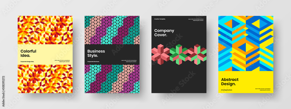 Colorful front page A4 vector design layout bundle. Isolated mosaic shapes presentation concept collection.