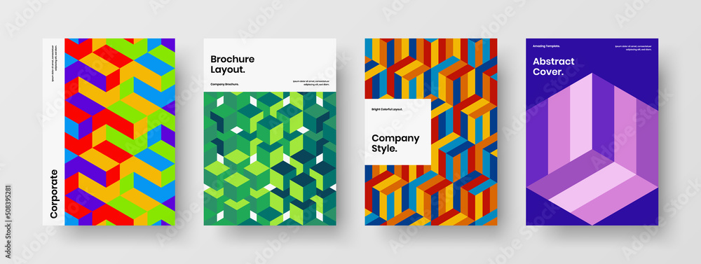 Fototapeta premium Original geometric tiles brochure layout bundle. Isolated front page A4 design vector illustration composition.