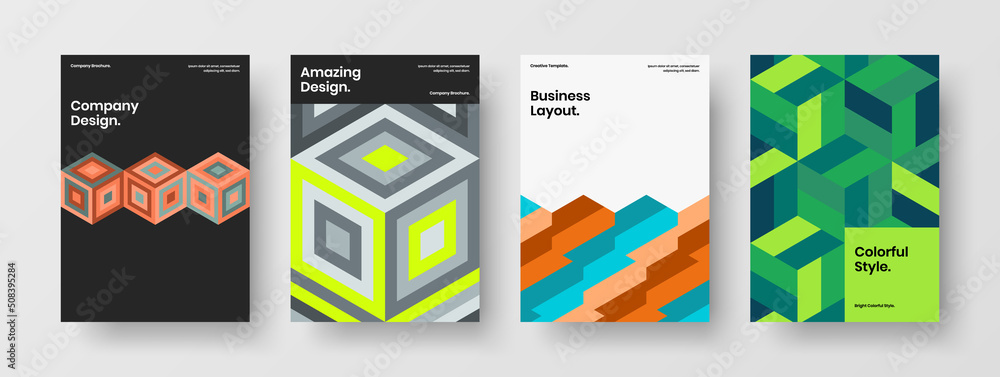 Multicolored catalog cover vector design layout bundle. Premium geometric tiles flyer illustration set.