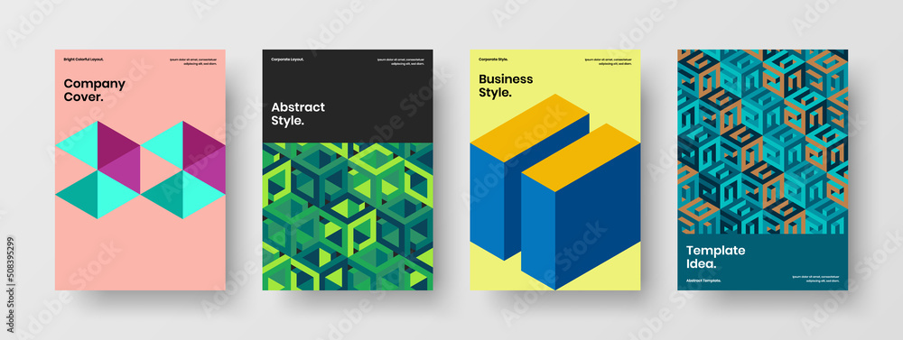 Simple catalog cover A4 vector design template collection. Colorful mosaic tiles company brochure concept set.