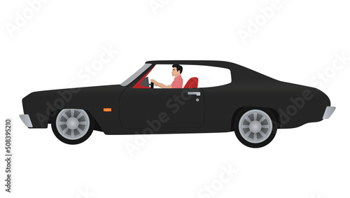 Boy driving retro car. vector