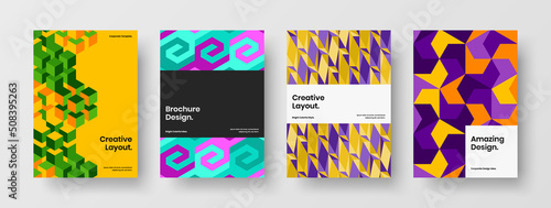 Bright mosaic pattern magazine cover concept set. Modern booklet design vector template composition.