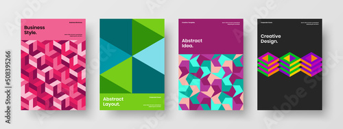 Clean mosaic shapes catalog cover concept set. Bright company brochure A4 vector design layout bundle.