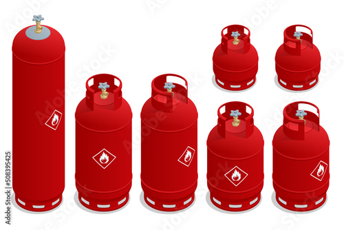 Isometric set of Cooking gas cylinders. Production, delivery and filling with natural gas of lpg gas bottle or tank.