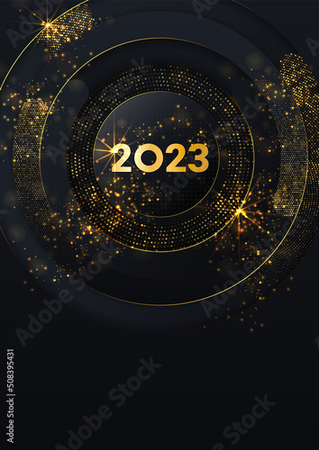 Happy New Year 2023 winter holiday greeting card design template. Party poster, banner or invitation gold glittering stars confetti glitter decoration. Vector background with golden gift bow.