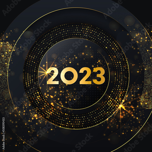 Happy New Year 2023 winter holiday greeting card design template. Party poster, banner or invitation gold glittering stars confetti glitter decoration. Vector background with golden gift bow.