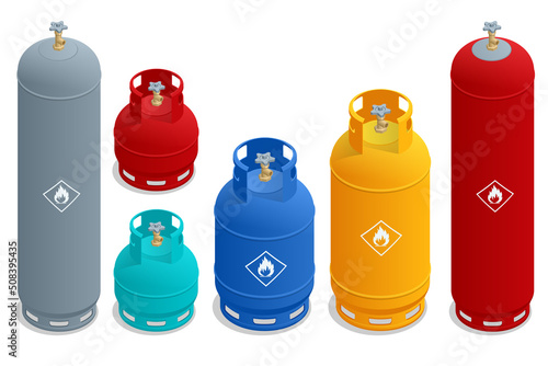 Isometric set of Cooking gas cylinders. Production, delivery and filling with natural gas of lpg gas bottle or tank.