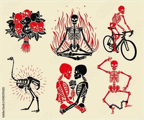Skeletons` Logos Collection For T-shirt and Denim. Skeletons` Dance in the Stocks, skeletons of the lovers, the Yoga, the Bicyclist, skeleton of an ostrich, and the bouquet with Skulls. Vector. photo