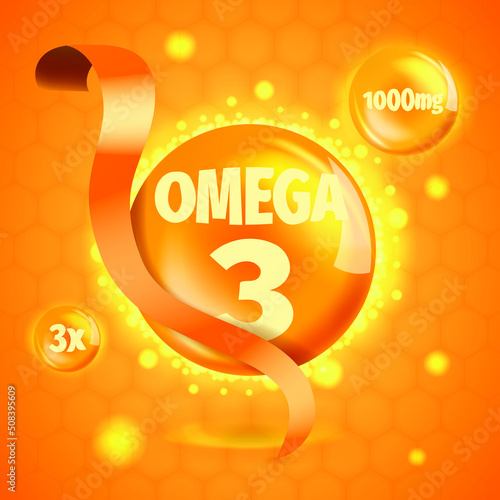 Omega-3 Fatty Acids gold shining essence drop icon. Complex and Dietary supplement. Shining golden substance drop or essence droplet. Meds for health ads