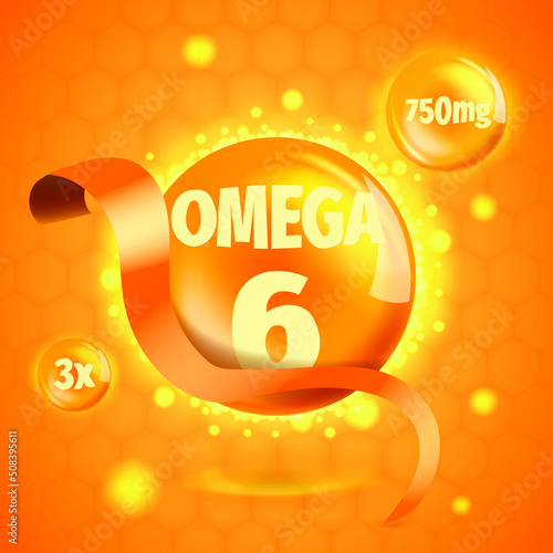 Omega-6Fatty Acids gold shining essence drop icon. Complex and Dietary supplement. Shining golden substance drop or essence droplet. Meds for health ads