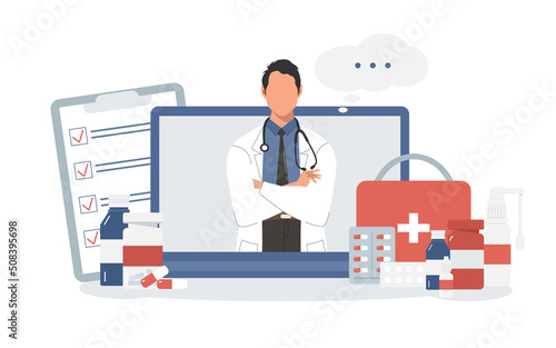 Illustration of a face-less doctor with a laptop and medicines in a flat style. Online medicine, health care, medical diagnostics.