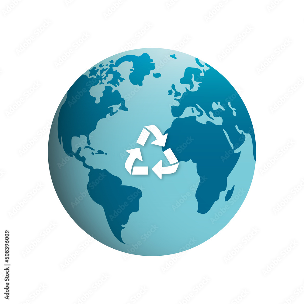 Circle Globe with Triangle Arrow Recycle Symbol. Save World Reuse Resource Concept Cartoon Icon. Renewable Planet Environment Sign. Sustainability Global Recycle Sign. Isolated Vector Illustration